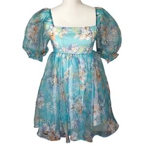 Women's Blue Floral Puff Sleeve Organza Dress‎ Size Petit XS